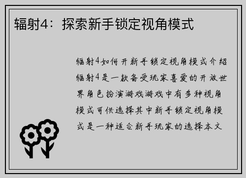 辐射4：探索新手锁定视角模式